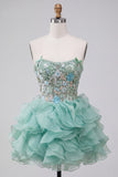 Mint Green Corset Strapless Tiered Ruffle Short Homecoming Dress with Embroidery