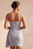 Grey Blue Corset Bodycon Strapless Ruched Short Homecoming Dress with Side Streamer