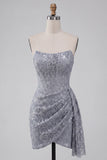 Grey Blue Corset Bodycon Strapless Ruched Short Homecoming Dress with Side Streamer