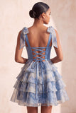 Grey Blue A-Line Beaded Bow-Strap Sweetheart Tiered Ruffle Homecoming Dress