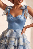 Grey Blue A-Line Beaded Bow-Strap Sweetheart Tiered Ruffle Homecoming Dress