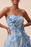 Grey Blue Strapless A-Line Ruched Short Homecoming Dress with 3D Flowers