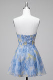 Grey Blue Strapless A-Line Ruched Short Homecoming Dress with 3D Flowers