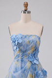 Grey Blue Strapless A-Line Ruched Short Homecoming Dress with 3D Flowers