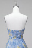 Grey Blue Strapless A-Line Ruched Short Homecoming Dress with 3D Flowers