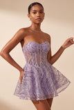 Lilac A Line Sheer Corset Strapless Short Homecoming Dress with Sequins