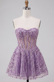 Lilac A Line Sheer Corset Strapless Short Homecoming Dress with Sequins