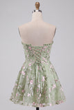 Sage Green A-Line Floral Embroidery Strapless Corset Short Homecoming Dress