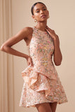A-Line Round Neck Embroidered Floral Short Homecoming Dress with Ruffles