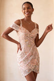 Blush Bodycon Cold Shoulder Floral Short Homecoming Dress with Embroidery