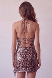 Leopard Print Bodycon Halter Mini Cocktail Dress with Strings