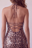 Leopard Print Bodycon Halter Mini Cocktail Dress with Strings