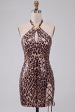 Leopard Print Bodycon Halter Mini Cocktail Dress with Strings