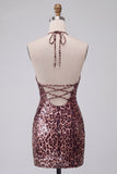Leopard Print Bodycon Halter Mini Cocktail Dress with Strings