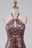 Leopard Print Bodycon Halter Mini Cocktail Dress with Strings