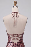 Leopard Print Bodycon Halter Mini Cocktail Dress with Strings