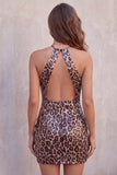 Sparkly Sequin Leopard Print Bodycon Halter Keyhole Short Cocktail Dress