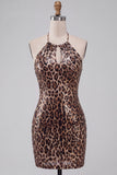 Sparkly Sequin Leopard Print Bodycon Halter Keyhole Short Cocktail Dress