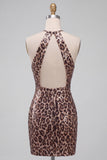 Sparkly Sequin Leopard Print Bodycon Halter Keyhole Short Cocktail Dress