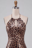 Sparkly Sequin Leopard Print Bodycon Halter Keyhole Short Cocktail Dress