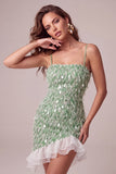 Green Bodycon Square Neck Sequin Fringe Cocktail Dress with Asymmetric Ruffled Hem