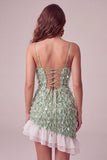 Green Bodycon Square Neck Sequin Fringe Cocktail Dress with Asymmetric Ruffled Hem