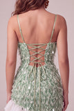 Green Bodycon Square Neck Sequin Fringe Cocktail Dress with Asymmetric Ruffled Hem