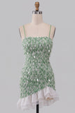 Green Bodycon Square Neck Sequin Fringe Cocktail Dress with Asymmetric Ruffled Hem