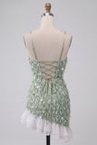Green Bodycon Square Neck Sequin Fringe Cocktail Dress with Asymmetric Ruffled Hem