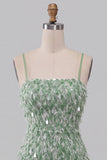 Green Bodycon Square Neck Sequin Fringe Cocktail Dress with Asymmetric Ruffled Hem