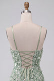 Green Bodycon Square Neck Sequin Fringe Cocktail Dress with Asymmetric Ruffled Hem