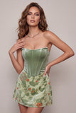 Dusty Sage Corset Velvet Strapless Floral Short Cocktail Dress