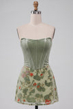 Dusty Sage Corset Velvet Strapless Floral Short Cocktail Dress
