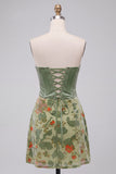 Dusty Sage Corset Velvet Strapless Floral Short Cocktail Dress