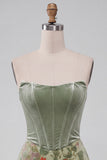 Dusty Sage Corset Velvet Strapless Floral Short Cocktail Dress