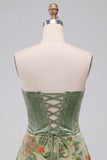 Dusty Sage Corset Velvet Strapless Floral Short Cocktail Dress