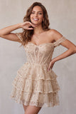 Champagne Corset Off the Shoulder Tiered Short Cocktail Dress with Beading