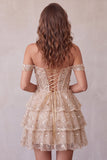 Champagne Corset Off the Shoulder Tiered Short Cocktail Dress with Beading