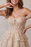 Champagne Corset Off the Shoulder Tiered Short Cocktail Dress with Beading