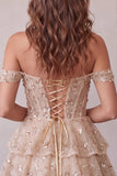 Champagne Corset Off the Shoulder Tiered Short Cocktail Dress with Beading