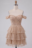 Champagne Corset Off the Shoulder Tiered Short Cocktail Dress with Beading