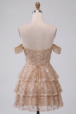 Champagne Corset Off the Shoulder Tiered Short Cocktail Dress with Beading