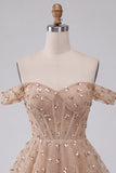 Champagne Corset Off the Shoulder Tiered Short Cocktail Dress with Beading
