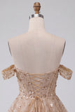 Champagne Corset Off the Shoulder Tiered Short Cocktail Dress with Beading