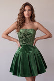 Dark Green Strapless A-Line Velvet Short Cocktail Dress with Ruffles