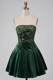 Dark Green Strapless A-Line Velvet Short Cocktail Dress with Ruffles