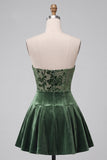 Dark Green Strapless A-Line Velvet Short Cocktail Dress with Ruffles