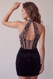 Black Corset Halter Velvet Ruched Deep V-Neck Short Cocktail Dress with Embroidery