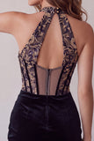 Black Corset Halter Velvet Ruched Deep V-Neck Short Cocktail Dress with Embroidery
