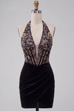Black Corset Halter Velvet Ruched Deep V-Neck Short Cocktail Dress with Embroidery